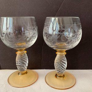 Vintage 2 Glasses Pieroth Roman Theresienthal  Bumblebee Flower Hand Engraving
